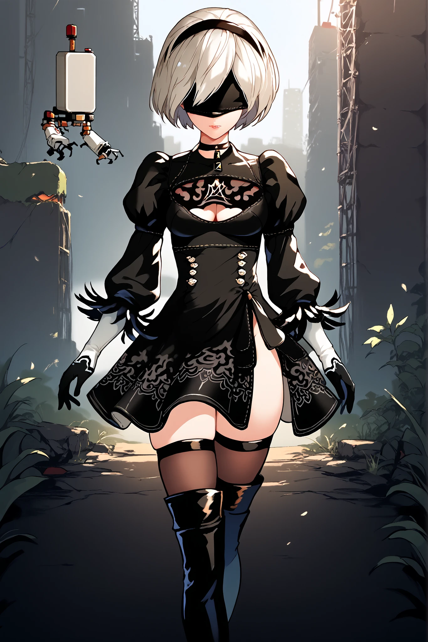 View from a distance, treetop village, (YorHA 2B\(nier2Bdef, blindfold, black blindfold, hairband, white hair, short hair, medium breasts, clothing cutout, cleavage cutout, black dress, puffy sleeves, feather-trimmed sleeves, black gloves, leotard, skirt, black thigh highs, thigh boots, black high heels, )\) and (YorHA 9S\(9S, 9s (nier:automata), white hair, short hair, black blindfold, black choker, shorts, black gloves, kneehighs, long sleeves, black jacket, double-breasted, jacket, buttons)\) walking on a high platform, many Machine Lifeforms all around them, machines in vavious humanoid shapes, characters are small in view