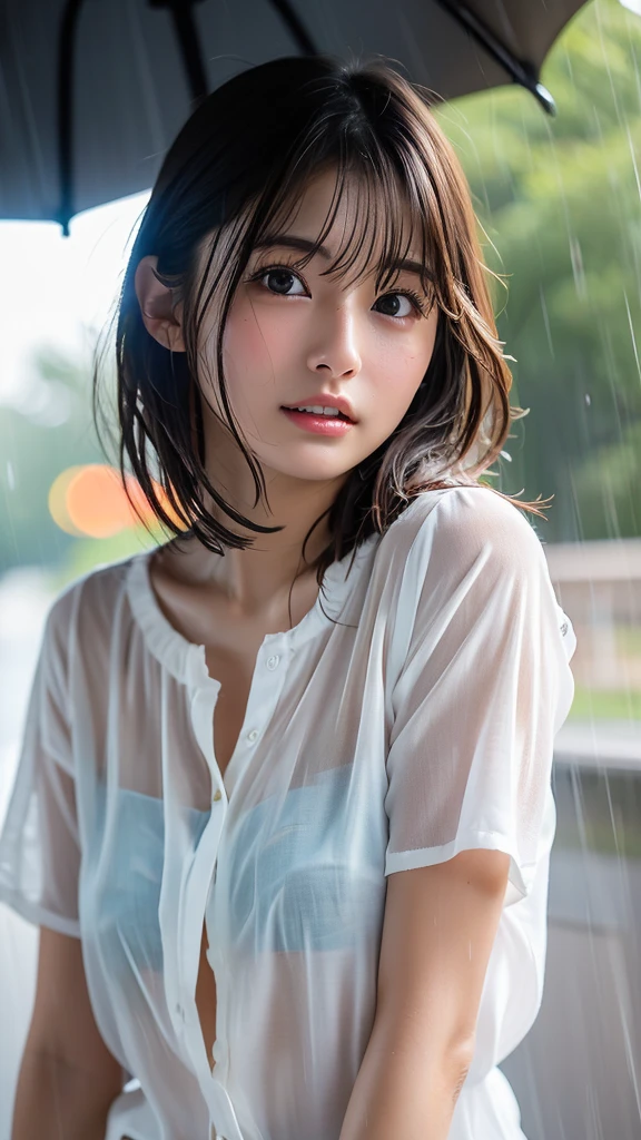 ((Best Quality, 8K, Masterpiece: 1.3)), Sharp: 1.2, Perfect Body Beauty: 1.4, Slim Abs: 1.2, ((Layered Hairstyle, Big Breasts: 1.2)), (Wet White Button Long Shirt: 1.1), (Rain, Street: 1.2), Wet: 1.5, Highly detailed face and skin texture, detailed eyes, double eyelids, side face looking at the camera --auto