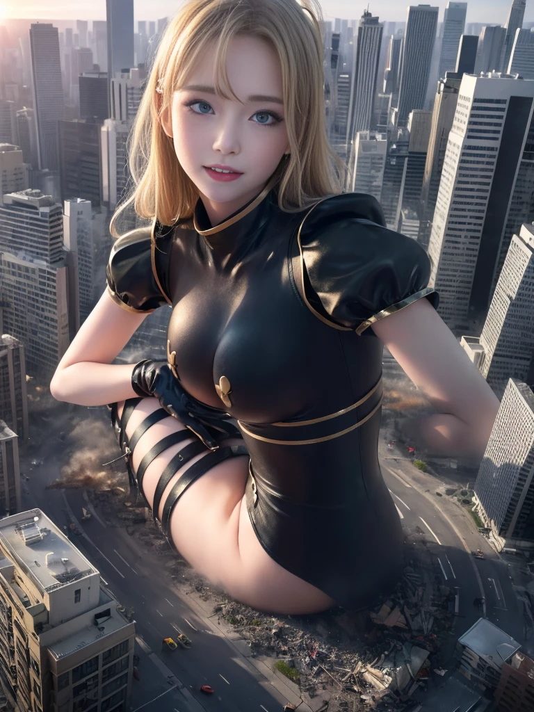 In the heart of a decadent and futuristic urban area, where the sunset paints the sky with red clouds at 6 p.m., stands a solitary figure of an anime girl. With her long, crossed bangs and asymmetrical bob cut, she boasts beautiful, platinum blonde hair that shines under the natural light and professional lighting, revealing each intricate detail and high resolution strand. Her intense red eyes, adorned with strong eye highlights, reflect the fleeting light, making them appear mystical and alluring.

Her sleeveless black jacket reveals the perfect anatomy of her high detail skin, as well as the fancy underwear and detailed panties she we