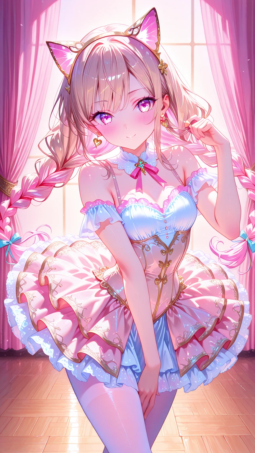 A beautiful girl going shopping, shopping bags in her hands, on the street, in public, a windy day, white sleeveless blouse, blouse with a high neck, red mini circle skirt, big rounds , pink panties, (( and cute pink :1.3), (Glossy satin panties, Lace panties:1.3), (Pink Panties, Panties with ribbons:1.3)), strap high heels, dark brown hair, long bangs, french braid, long hair, ponytail, wavy hair, expressive hair, shiny hair, hair flower, ribbon, jewelry, aqua eyes, glowing eyes, pupils sparkling, earrings, embarrassed, blush, surprised, red lips, glossy lips, full body, defined thighs, waist thin, wind lifts her skirt, (skirt lift :1.4), high detail, anime, anime style, depth of field, cinematic lighting, dithering, image fill, multiple views, atmospheric perspective, perspective, Wide-Angle, f/1.8, 85mm, Nikon, 8k, super detail, UHD, retina, masterpiece, accurate, anatomically correct, textured skin, super detail, best quality, highres, 16k