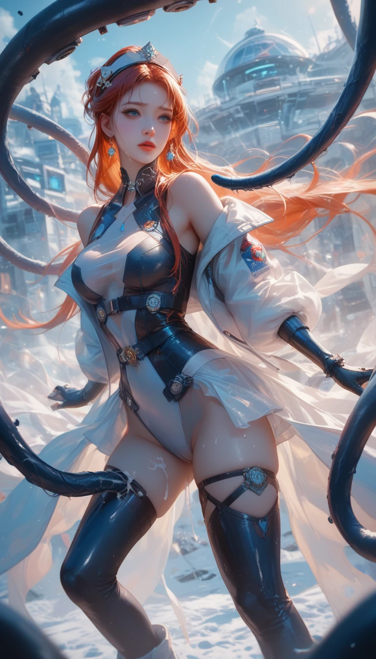 (photorealistic:1.8, highest quality:1.8,8K masterpiece:1.8,High resolution,muste piece:1.8,RAW Photos,cinematic lighting), cyber punk、spider girl、(Soryu Asuka Langley)、(alternative、dull tone、calm tone:1.3)(1 beauty、Beautiful face in every detail:1.3)(High leg white spider tight suit:1.7)((Moderate chest:1.3)、Arachne tattoo on chest、Arachne:1.2) (look back、squat、raise your hand:1.2)(body fluids attached to the body:1.4)spiderweb、The white body contains Arachne threads.。(elation:1.4)、 (midium Hair:1.2,Beautiful, shining blue, white, red, black, blonde hair:1.5), Stoic、 plump nipples、(cameltoe),No split screen,slender abs:1.2,(Young sensual gravure idol)