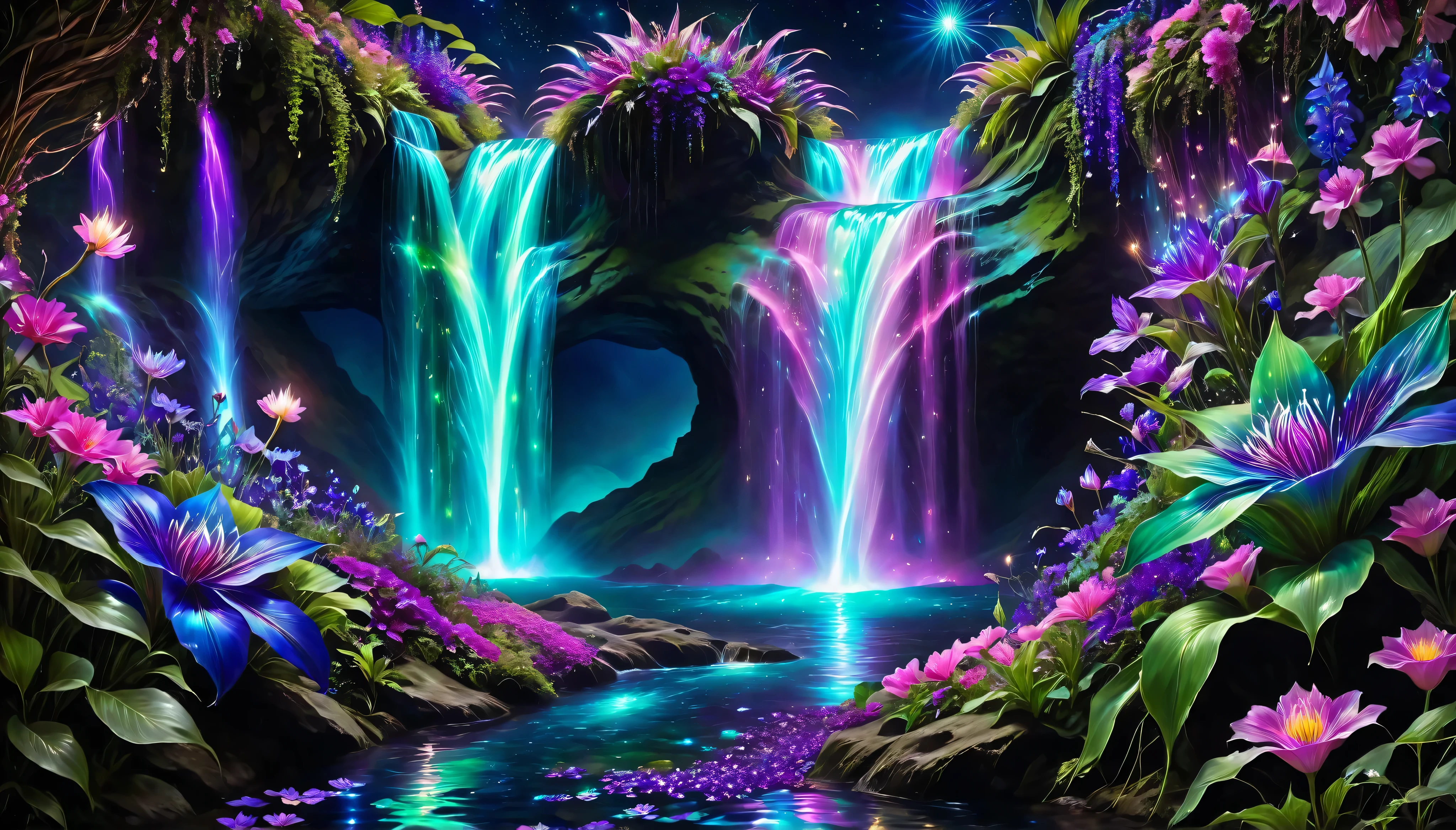 Shiny purple |Shiny pink|Shiny Turquoise Green|Shiny Cobalt Blue|Shiny Purple|blue waterfall amongst strange magic flowers, At night, glowing fairy lights , magic, High quality fairyland waterfall, Realistic Water, ripple, 8k,insanely detailed,so many flowers,