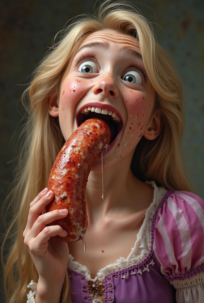 One person, (Sagging under the eyes:1.5), Dark Brown Hair, Long Hair, White shirt, The chest is large, valley, Open mouth eating sausage, Looking up, cute
