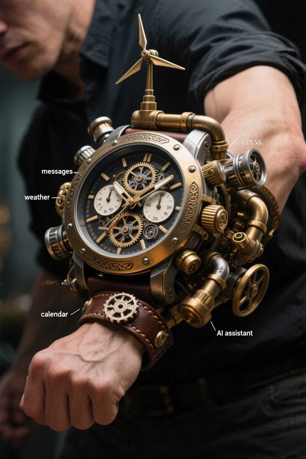 photorealistic image of a person wearing an absurdly oversized mechanical smartwatch on their wrist, the device extends beyond the wrist with multiple protruding analog dials and rotating gears, labeled hands for "messages", "weather", "calendar", and "AI assistant", miniature antenna and wind turbine mounted on top, thick pipes and levers along the side, brass and steel components with intricate engravings, rich leather straps barely holding the massive structure, the person's arm visibly strained under the weight, realistic skin texture and lighting, ultra-detailed, high-end product photography style, masterpiece:1.5, best quality