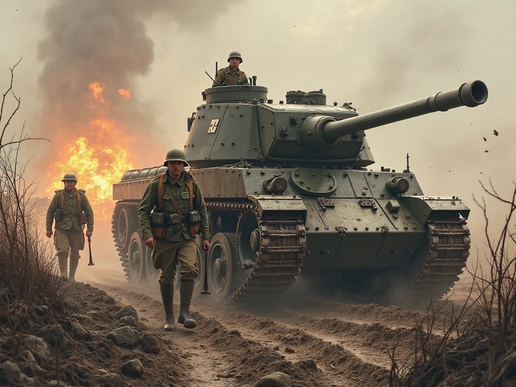 "New technology of World War I, tanks and gas masks in use, early 20th century, soldiers operating tanks and wearing gas masks in a battlefield setting, chemical smoke and explosions around, a devastated trench in the background, hyper-realistic, photo realism, cinematography -- ar 9:16"