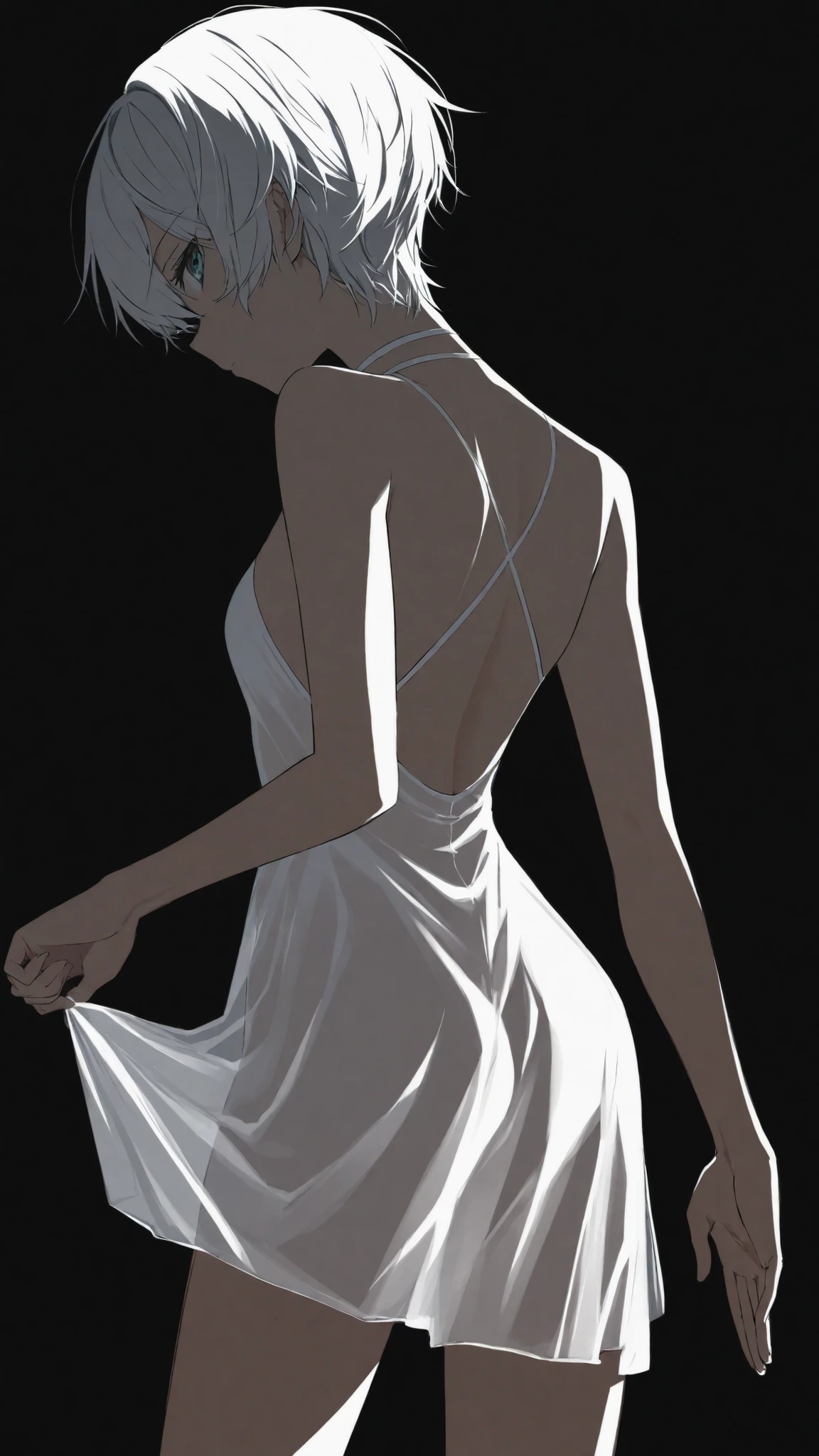 score_9, score_8_up , score_7_up , score_9,Score_9, Score_8_up , Score_7_up ,Create a sexy art style picture, highlighting the character's characteristics: white see-through dress, close-up of back and legs, hand gesture (lifting skirt), indoor (pure black background, high contrast light)