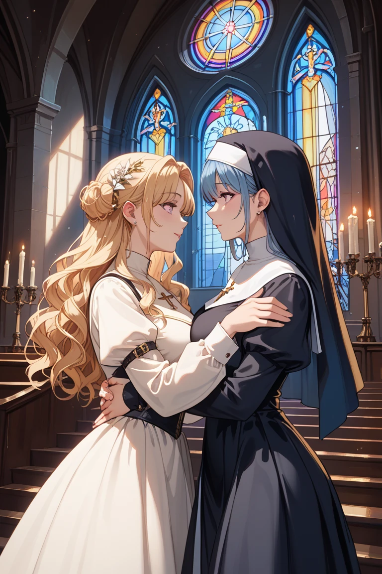 Body position: Standing, straight, symmetrical, barefoot, Lustful smile on face with red blush, 2 girls who gets married and stands in front of many people, kissing, purple skin drow elves
