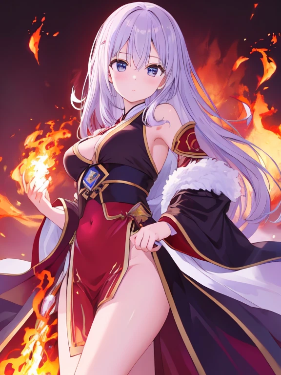 masterpiece, best quality, Freya has a beauty that is superior and outstanding even among the gods. She has long silver hair, purple eyes, and white skin like that of fresh snow. She has a perfect golden ratio, enough to think that the golden ratio originated from her. Her clothes are in large part black and red, they expose most of her stomach and breasts. She also wears two flower-like ornaments in her hair.