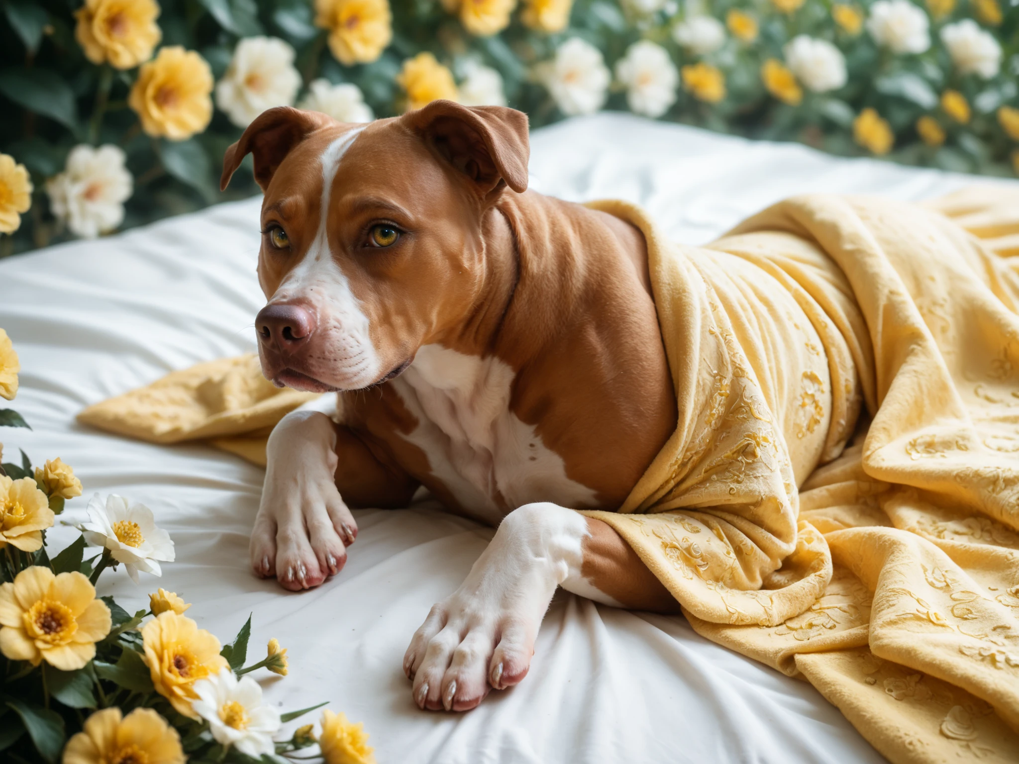 dog laying on a yellow blanket. Set against an Victorian backdrop that is covered in flowers. pitbull, apbt, beautiful eyes, golden eyes, paws, red brown fur