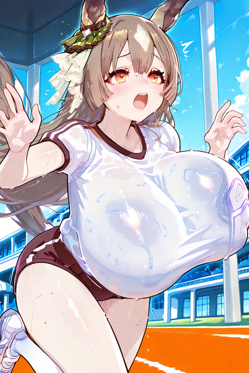 1girl, solo, blunt bangs, , braid, brown eyes, twin braids ,brown hair, (large Breasts:1.6), nsfw, nipple, naked, empty eyes, frozen ,amusement park, ,Wet, crying ,, Naked, , Peeing, lactation, projectile lactation, short, 10years old