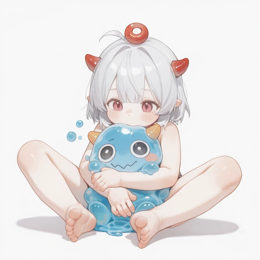 illustration,  design , white background, wonderful,  Trends , Simple, letter x, painting, red cute character, doll with hands and feet, two soft horns with hands and feet, small, small baby horns, 손발이 있는, sitting, with hands and feet slightly like slime,