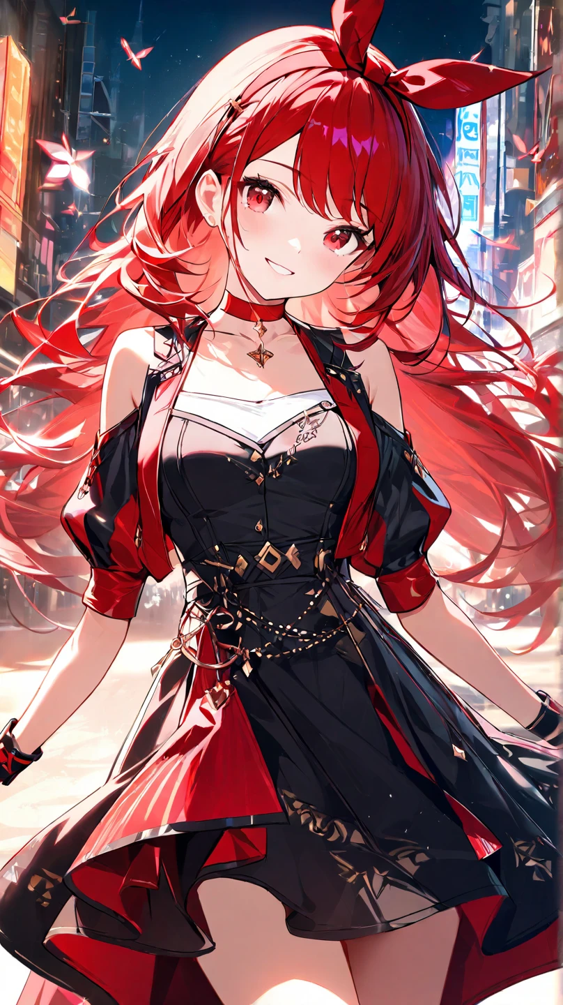 rooftop in luxurious apartment on a beautiful sunset Satanichia Mcdowell posing elegantly with a smile up high and having sunglasses on her forehead dressed in casual gothic clothing extremely white with black stripes magenta eyes semi-long red hair 
