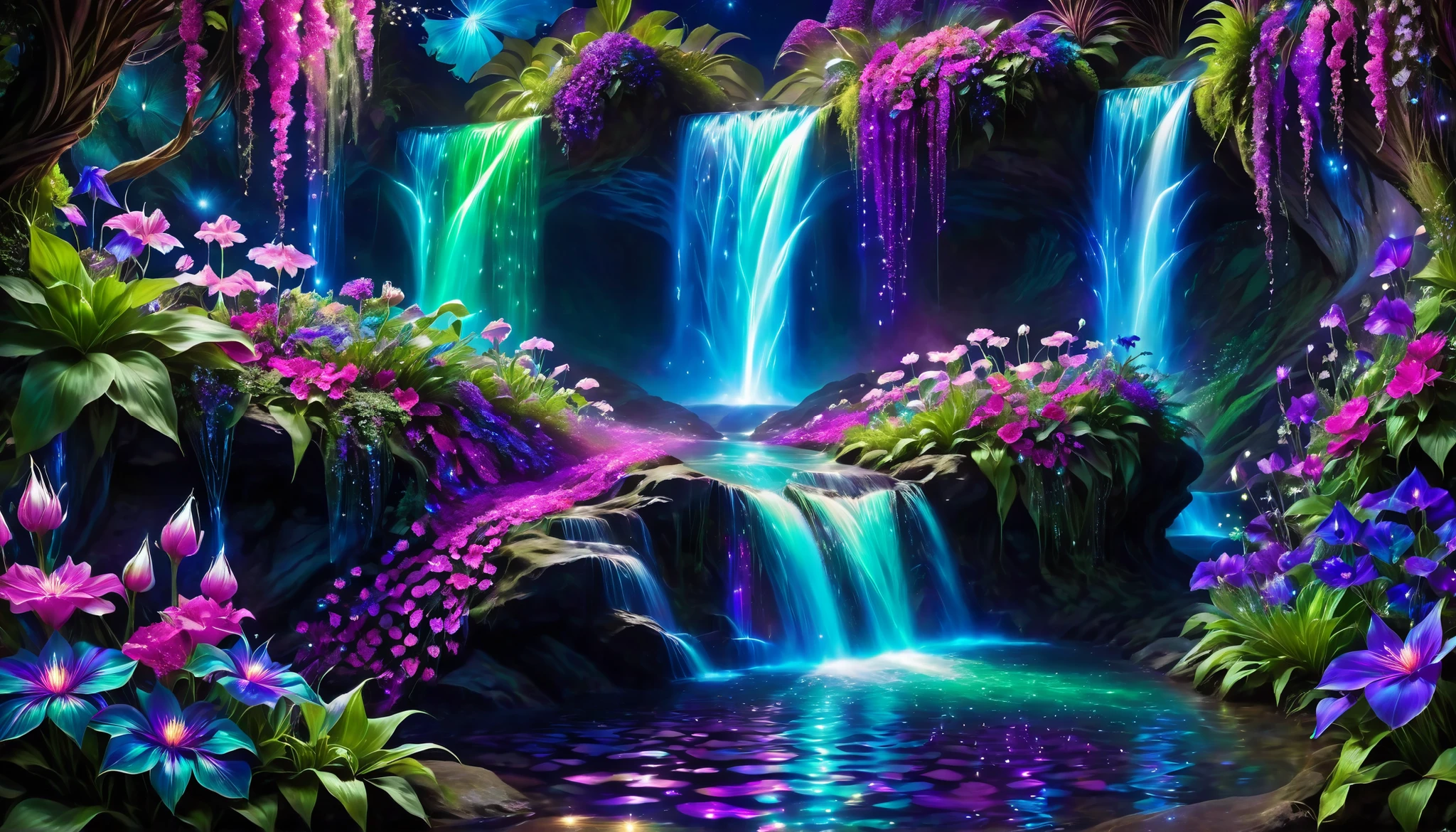 Shiny purple |Shiny pink|Shiny Turquoise Green|Shiny Cobalt Blue|Shiny Purple|blue waterfall amongst strange magic flowers, At night, glowing fairy lights , magic, High quality fairyland waterfall, Realistic Water, ripple, 8k,insanely detailed,so many flowers,Very beautiful and bright iridescent flowers,