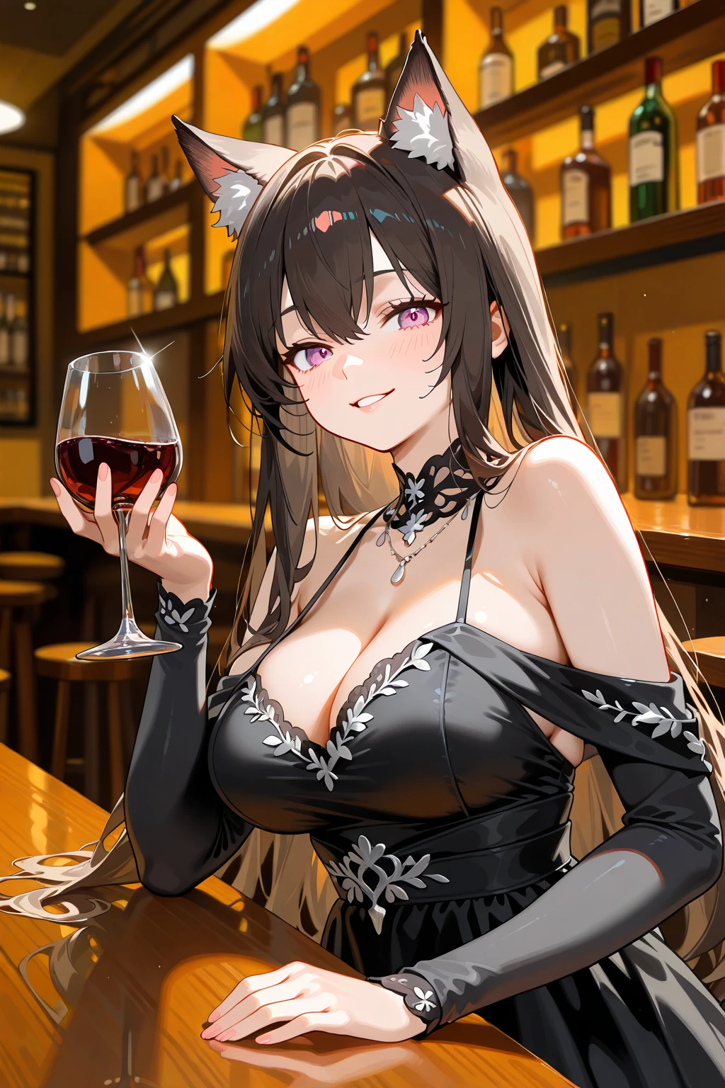 photo of brunette woman in parisian cafe, wearing black dress, glass of red wine on table, french fries --sref picture of me --sw 300 --s 500 --p