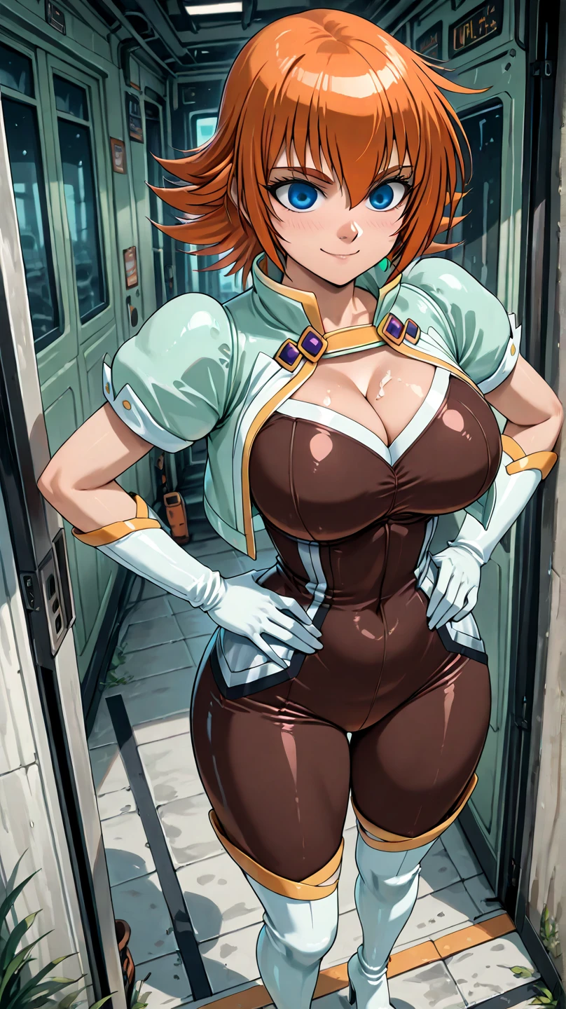 best quality, masterpiece, highres, solo, {oumae_kumiko_soundeuphonium:1.15}, brown_hair, short_hair, brown_eyes, blush, bangs, leotard, bare legs, boots, gloves, superhero, hand on hip, 1girl, looking_at_viewer, smile, blush, (full_body), city backdrop