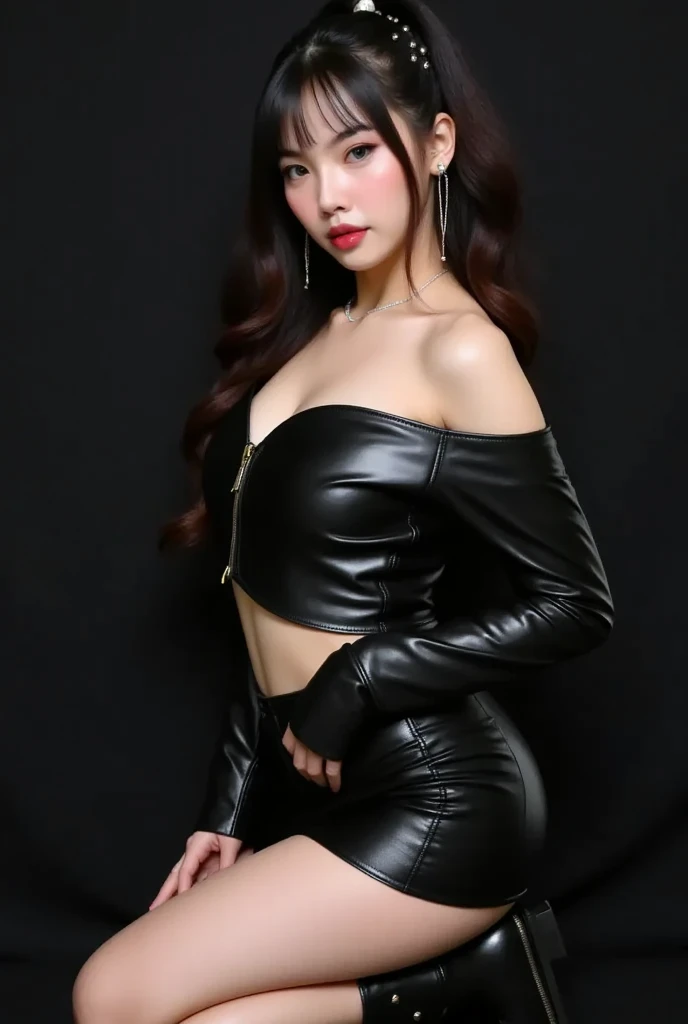 Highest quality, realistic, Excellent details, exquisite, high resolution, 8k wallpaper, 1 beautiful woman, light brown messy hair. Wear cyberpunk clothes., Show off your sexy navel., and show off your small breasts. black short skirt, Length 8 inches, black leather jacket with open chest, revealing breasts, Open shoulder shirt, Beautiful legs, Wear high heels. The leather cuffs reach below the knees..., Sharp focus, Perfect dynamic composition. Beautiful and detailed eyes, beautiful red lips, Thin hair, detailed realistic textures, smile, close up, model'shape of, Wear gloves, holding a short sword.