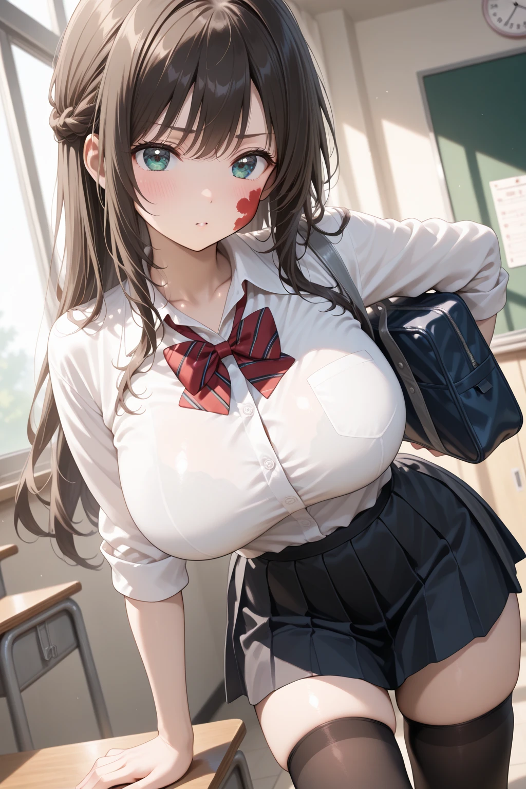 realistic, photorealistic, colorful, great lighting, ultra-detailed, dynamic angle, masterpiece,(solo:1.1), perfect face, (bright lighting:1.2),beautiful detailed eyes, extremely detailed face, perfect lighting,masterpiece, best quality, 1girl, {hair (darkbrown), (long hair), (2 ponytails)},
back facing, classroom,
high school girl uniform, stockings, glasses, ribbon bows, sweaty, wet body, navel out, thighs out, buttocks, large breast, slim, slender, translucent, Embarrassed expression, blush