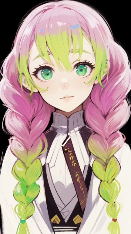 Convert your flower art into illustration.、Create backgrounds with vibrant colors and unique touches　The type of flower is statice、Gypsophila、sweet pea、Mix in some lace flowers, portrait, face portrait, big breasts, cleavage, pink hair, green eyes, (green highlights), green braids, 