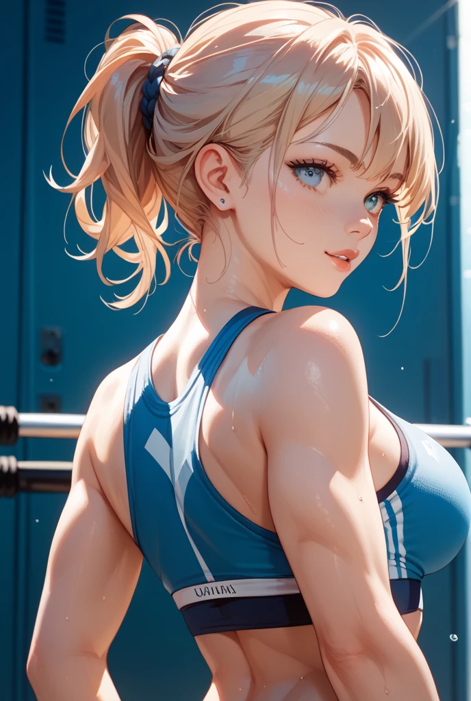 ((((masterpiece, best quality, high resolution)))), Extremely detailed 8K, 1 female, (Cammy White),(blue sports bra,shorts), (Ultra HD, Ultra-detailed, Highly detailed, Highly realistic, Ultra-realistic, photograph realistic), (1girl:1.5), (Realistic very long Braided Ponytail blond hair), (dynamic poses), facing at camera, looking at viewer, (a serious focus face), (regular blue eyes, sharp eyes), (perky breasts:1.2), (beautiful detailed face, beautiful detailed eyes), ((slightly sweating)), (preparing for a workout), sweat, glow, (sunbeam, sunlight), ((cowboy shot)), streets background, seductive, EnvyBetterHands LoCon,