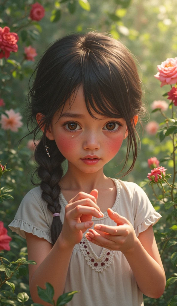 In this enchanting Pixar illustration, a young girl with a tag on her chest is depicted, beaming tenderly with a captivating smile. Her dark, silky hair is tied up in adorable black pigtails, adorned with tiny red bows that add a charming touch to her appearance. The illustration exudes a sense of innocence and playfulness, invoking a sense of wonder and delight.