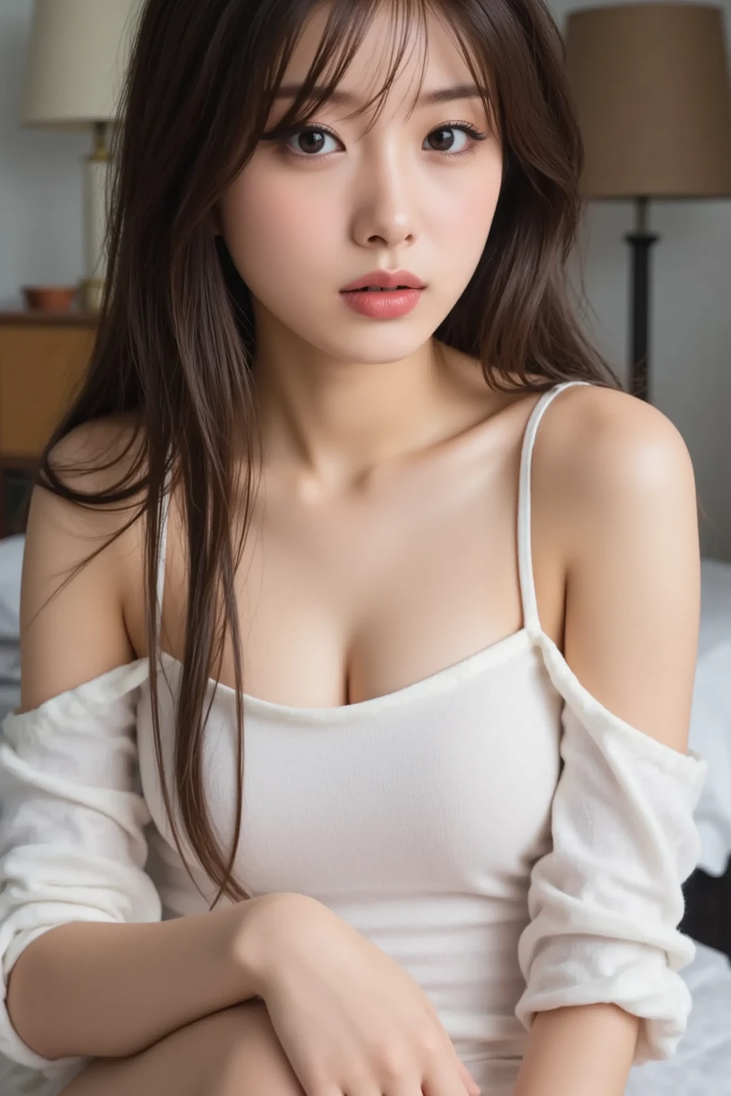 masterpiece, best quality, finely detailed, 1girl, (blonde), (bishoujo), cute, (green eyes), (eyelashes), (huge breasts), (cleavage), (white shirt:1.2), (open shirt), sitting on a sofa, lamp, window, night, delicate interior design,