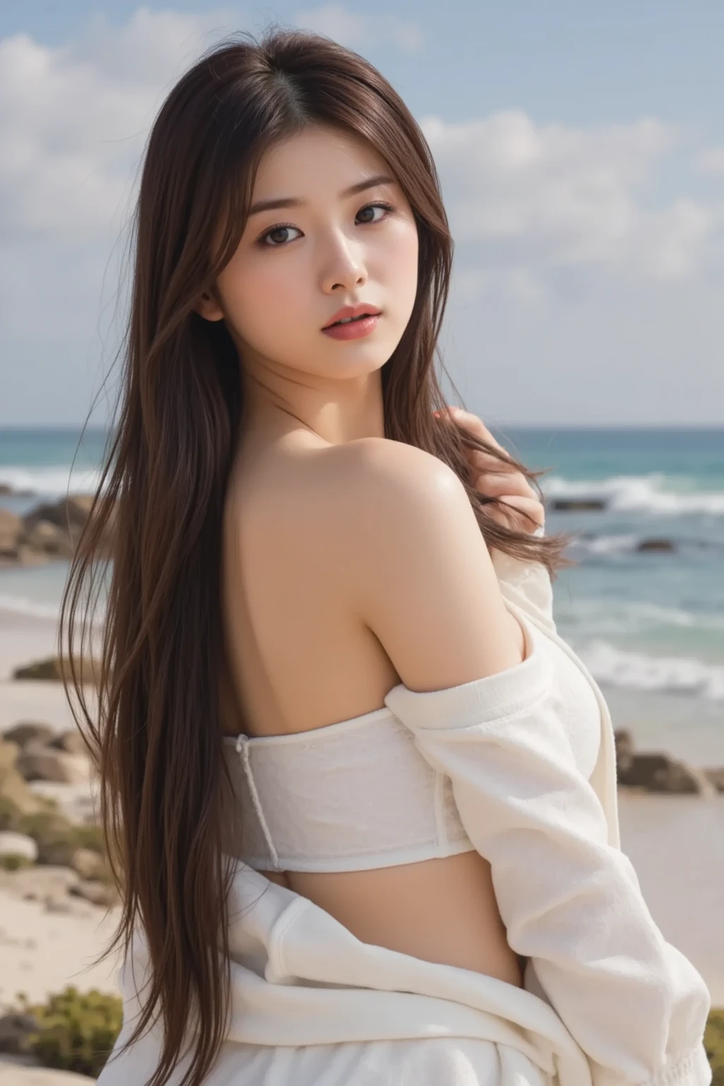 A perfect young female,Chinese,(masterpiece:1.3), (8k, photorealistic, RAW photo, best quality: 1.4), gravure photography, (sunset need, 8K, master piece:1.3)), upper body esbian, ((beautiful 1 woman)) , slim abs:1.1, (( brown wavy hair, Big cities:1.2 )), ,posing, towards the camera:1.2,), ((Ocean,:1.3)), Highly detailed face and skin texture, detailed eye, double eyelid