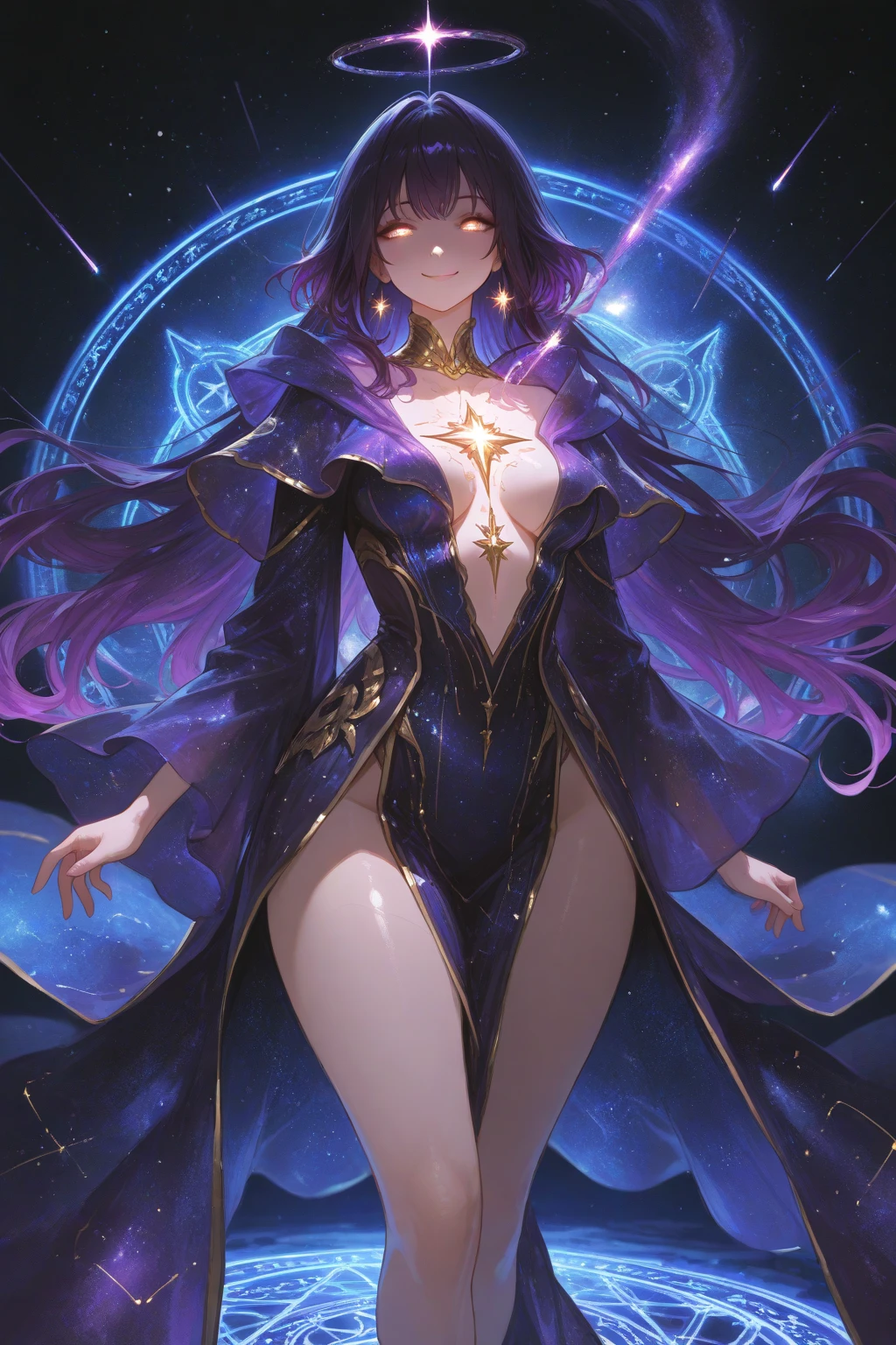 A beautiful mid 20s woman with a slender anime build, light lavender hair in a loose cascade, (inner thigh tattoo symbols:1.37), standing in a contrapposto stance with a light smile, wearing a purple wrap dress, front of skirt is hiked up, white lace stockings, high-heeled purple boots, and a heavy bust, holding a magic staff above her head, spell casting pose with armpits showing, set against a starry void background, (pink glowing magic symbol circles:1.27), a swirl of energy around her feet, with extremely detailed facial features, hands, eyes, and intricate background details, rendered in 16k resolution with best quality and masterpiece style, under moody lighting