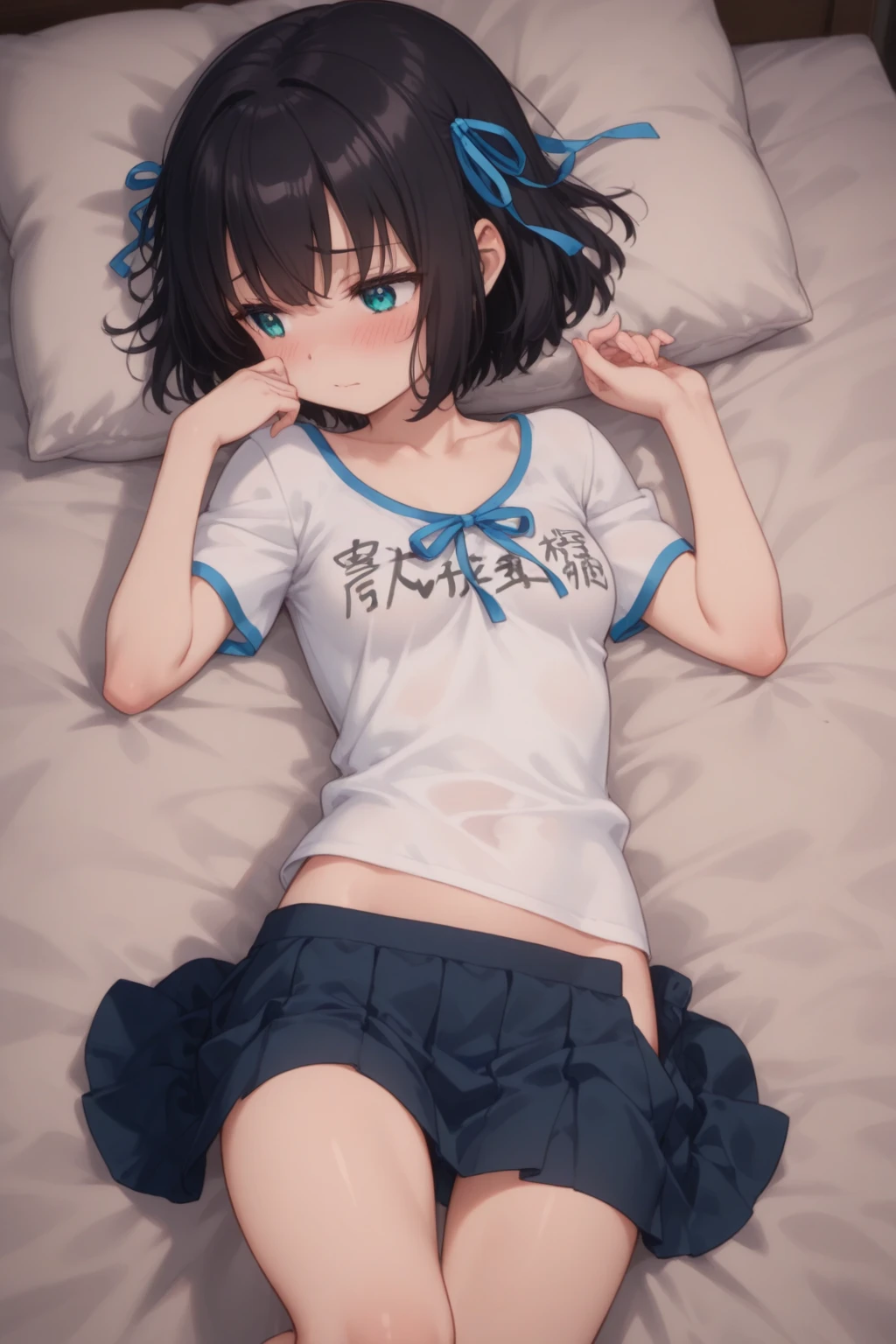 high quality, 最high quality、 Stylish design, (((The cutest girl))), ((Thin legs))、(((最high quality))), High resolution, ((detailed)), ((masterpiece)), ((Super detailed)), 14-year-old girl、Black Hair、Inner Color、((Lying on your back in bed),underwear,I can hit it),((Sexual))