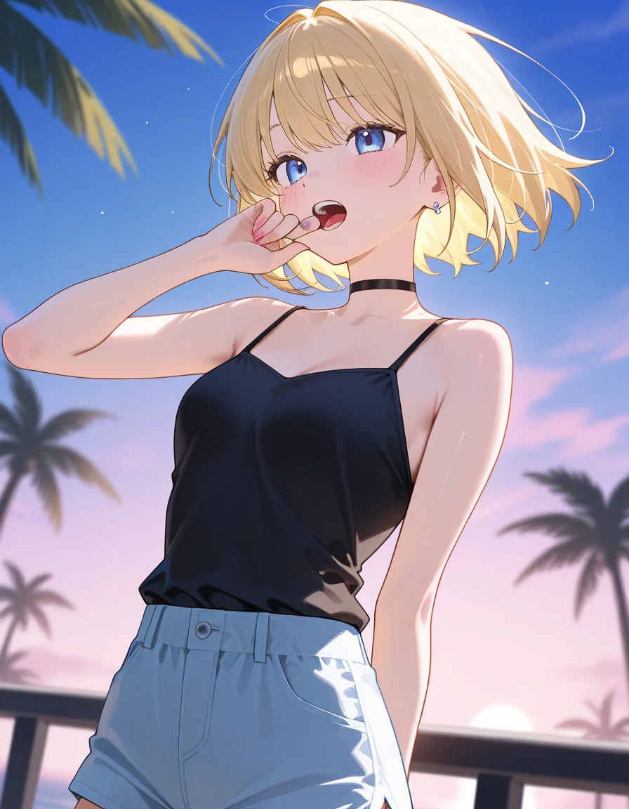 (((One girl))), beach, blond hair, bob cut, breasts, from front, (cowboy shot), glamor, (looking at viewer), ((black shorts)), ((black crop top overhang)), short sleeves, Casual Stance, ((sunglasses)), arms up, midriff peek, teenager, head tilt:1.3, (((blue eye))), ((happy smile)), anime style, (best quality, 4k, 8k, highres, masterpiece:1.2, ultra-detailed, ultra-detailed eyes, HDR, UHD, studio lighting, ultra-fine painting, sharp focus, physically-based rendering, extreme detail description, professional, vivid colors, bokeh), ((Highest quality, Best image quality, Ultra-high resolution, Ultra-high resolution, solo, Strong eye highlights)), Depth of written boundary, Natural soft light, attractive, Beautiful Face, Cleanliness, Pure Face, nedium chest, Beautiful Face, Perfect Fingers, Perfect hands, Perfect body, Perfect Face, Shine a light into your eyes, Perfect Anatomy