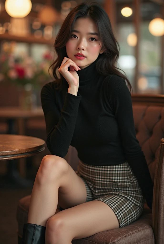 ((top-quality、8K、​masterpiece:1.3))、foco nítido:1.2、(realisitic、Photorealsitic:1.37)、((A smile))、Feet to the viewer、Feet in front of the audience、((Brown pantyhose:1.3))、Beautiful Face Woman、32years old、pointed chest、NSFW、long eyeslashes、Colorcon、Big 、delicated、Very detailed eyes、Highly detailed eyebrows、（Sharp Eyebrows）、（Thin eyebrows）、very vey very detailed face、((Brunette short disheveled hair)),Erect ,Clothed、thong、 frombelow、Stone floor、Detailed background(8K、​masterpiece、top-quality、Raw foto)     sit a chair 、((Black sweater))、Beautiful woman,Sitting,((Very red very short skirt)),(((Street Side Cafe Chair))),Long legs