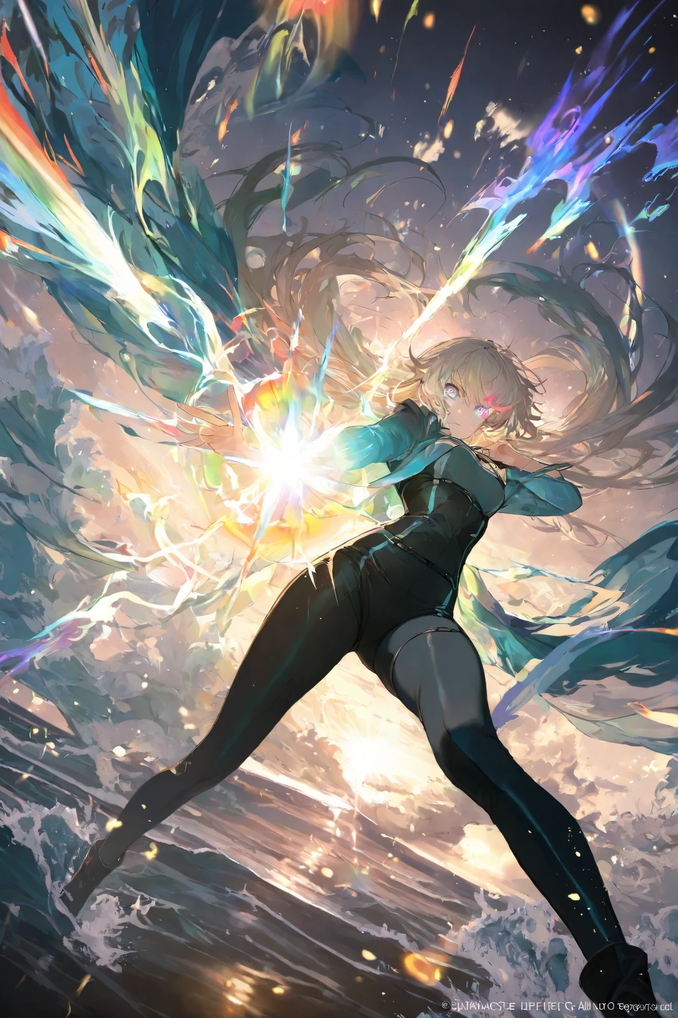 masterpiece, best quality,1 girl ,best quality,heroic pose,dynamic angle,dynamic background,with epic light effect, high angle shot,like CCTV footage,burst of effects radiating from the center, outward flow of magic or particles, dynamic spread from core, visual explosion of light or mist, waves expanding from a central point, face clearly visible, character illuminated from within,rainbow color magic