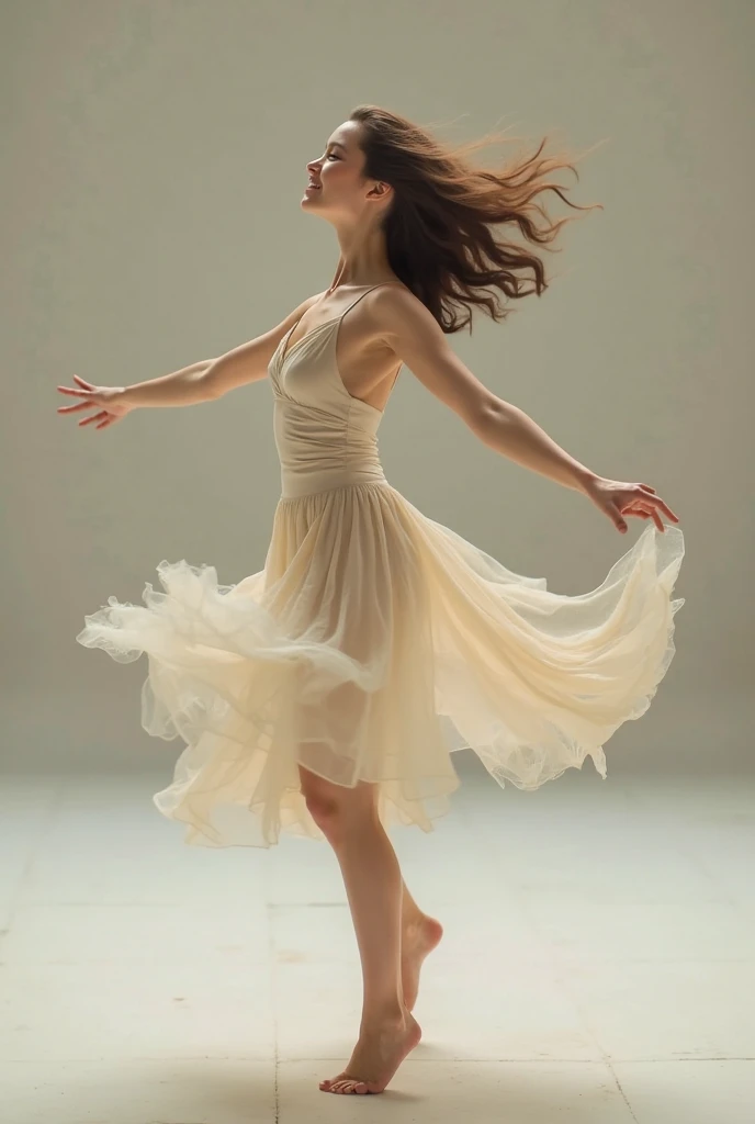 Dance photography；A dancer，Solitary；A dancing little girl；Long skirt，Plain style，Gray pink and white gradient，Traditional style，Smudged skirt hem；The movements of the dance；elegant，Flexible skirt；Long hair，Long hair披肩。（（Full body panorama 1.5）），front； Simple style；Minimalism。White background，Pure white background；Panoramic photography；Depth of Field, Extraordinary details, masterpiece, high quality, 4K，cinematic lighting, motion blur, depth of field, sparkle, ray tracing, reflection light, anatomically correct, uhd, textured skin, best quality, super detail, highres, high details, accurate, high quality, award winning