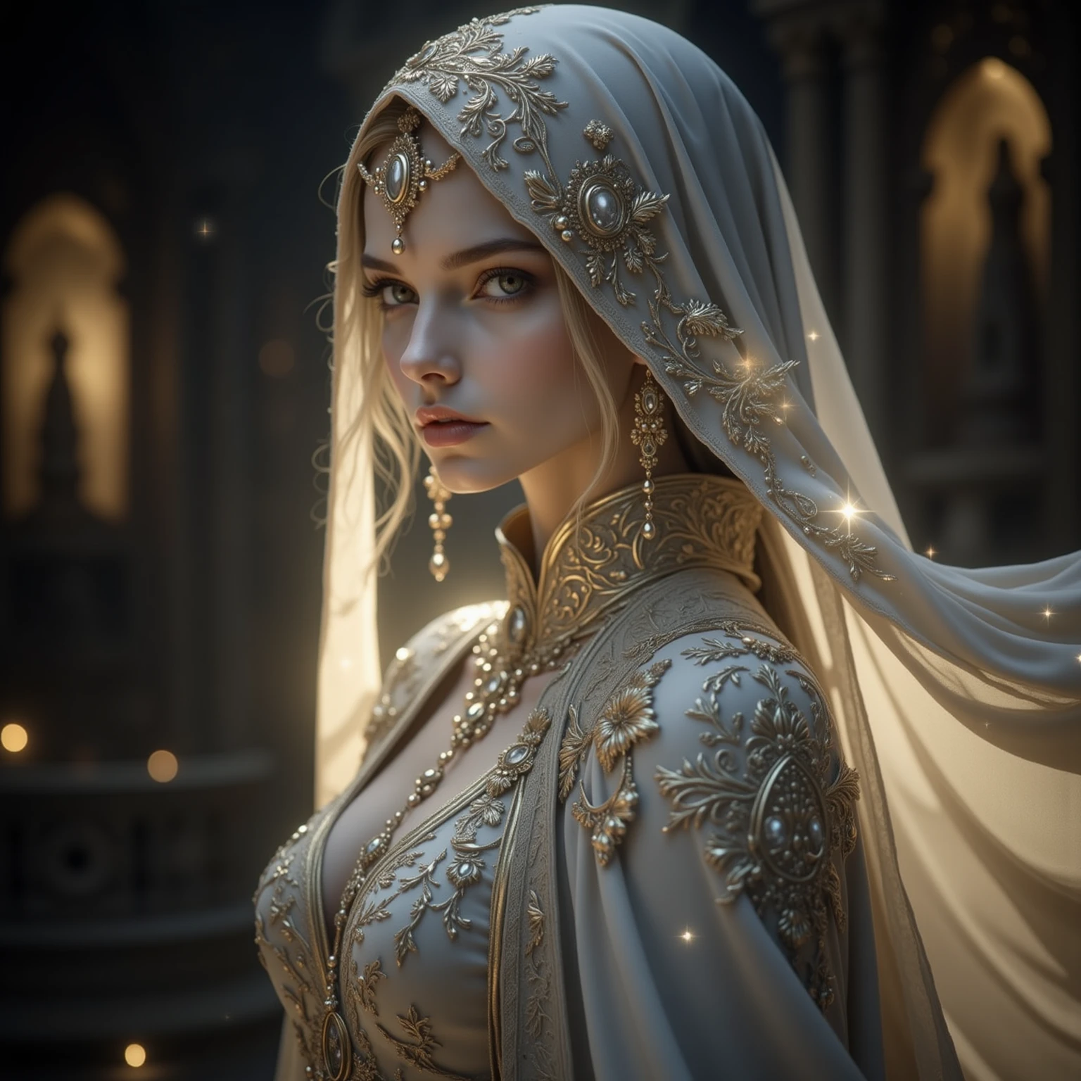 Beautiful slavic woman full-length dressed in transparent angelic robe, angelic, perfect makeup, beautiful, colorful, photorealistic, realistic, surface detail, motion blur, cinematic