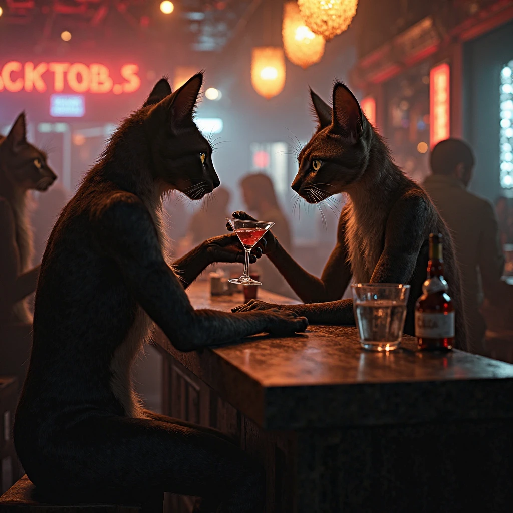 wolves dressed in gangster suits surrounded by naked women dancers with huge breasts, big round buttocks, long legs in a table dance with neon lights, nudist bar, alcoholic beverages