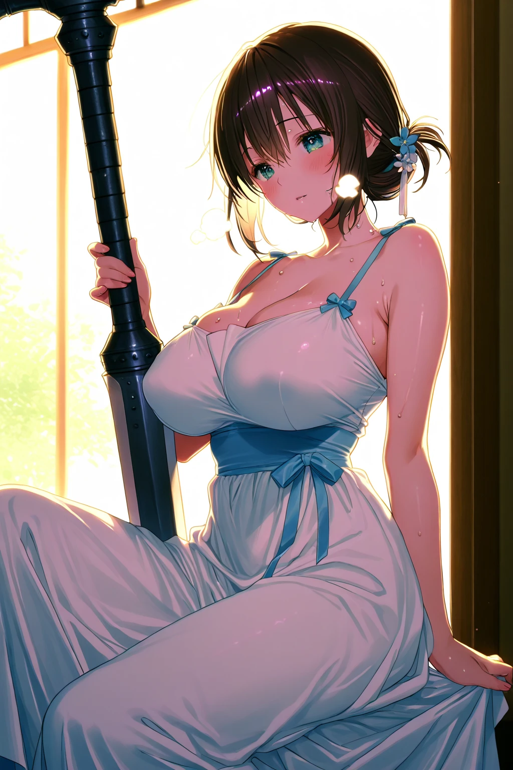 1990s anime cels style, Cartoon style of the 1990s, (flat color:1.2), vivid colors, best quality, high resolution, black hair, bobcut, blunt bangs, red eyes, maid apron, indoors, curvy, (large breasts), ass, retro anime, sharp, Defined lines, Detailed, makeup, Beautiful face, gorgeous eyes, sitting, seiza, (nose blush:1.2), smile, back, black garter belt, (from behind)