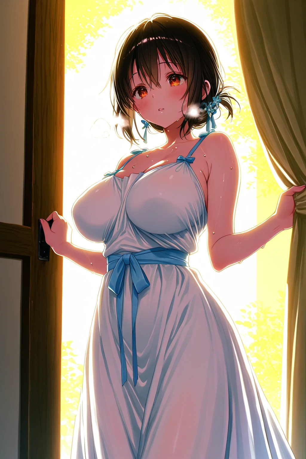 A lovely Malaysian woman (age 20, hijab no hair showing, busty, sheer summer dress (no underwear)), glamour poses in lavish garden at sunrise