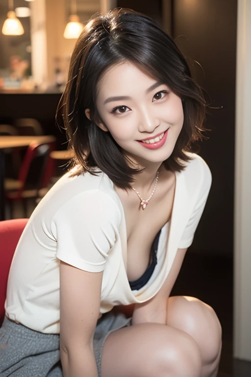 （masterpiece）、(Highest quality:1.5)、(Photorealistic:1.2)、(Surreal), (High resolution), (Realistic), (Post-processing),(Sharp focus), Sharp focus:1.2,Backlight, (Improvement of quality:1.4), (Narrow waist)、((Perfectly detailed five-fingered hands)),（Anatomically correct body）、((1 female:1.4))、Japanese、Realistic Skin、（Small chest：1.4）、Bust size is A cup、Pretty woman with perfect figure:1.4,(from the front:1.5), (Enhances the beauty of skin texture:1.1),No makeup、美しいBlack Hair、smile、Natural color lip、(Small Mouth:1.4)、The mouth is not open、Thick lips、(Oval Face)、Even bangs、Hide eyebrows with bangs、((33-year-old woman))、Bob Hair、Hair blowing in the wind, (Black Hair, Iris, Watery eyes, Shining Eyes, Bob cut hair, Small earrings,), Hair behind the ear、No makeup、(Drooping eyes)、(((One lovely woman)),((優しい大きなsmile)),(( Small breasts,Small breastsの谷間)),((((Plump Cheeks)))),very cute,(Baby Face),Raccoon face、 ((Dark interior with eye-catching neon lights、No window、Alcohol is displayed、Dark Room:1))(Photorealistic)、(Off-the-shoulder knit、Short length、Very short Burberry check mini skirt)((Neon tube background))bar counter、Sitting on the couch、Lift your legs(Erotic and seductive gravure poses))((Full Body Shot))(((I can see up to my ankles)))