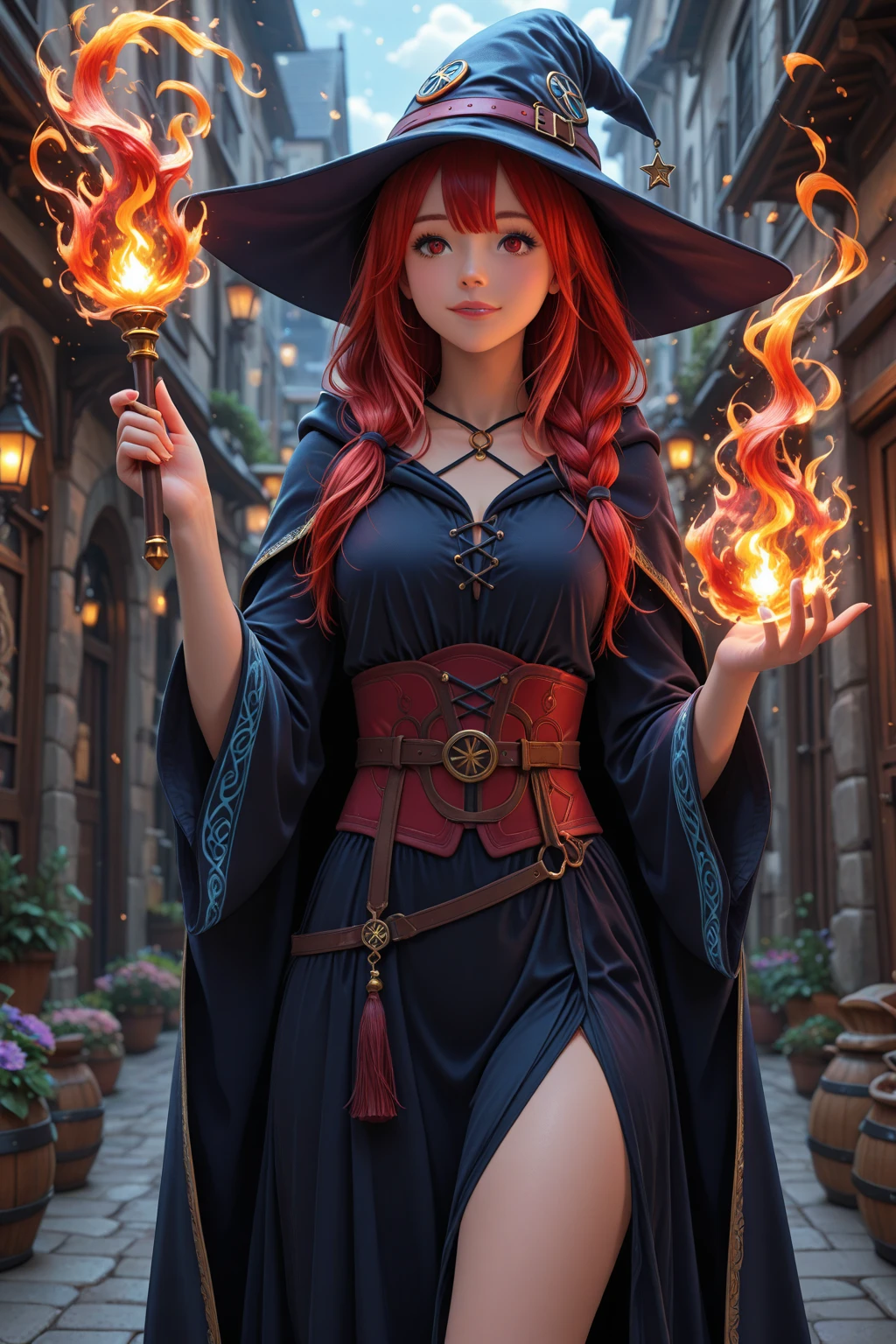 Gorgeous woman, a witch, long flowing wavy red hair with incredible detail and texture, in a cropped sweater and a long skirt and hat, exquisite detail on texture of clothing, tattoos, jewelry, big beautiful eyes, seductive look, 8k RAW professional photograph, raytracing, subsurface scattering, in a castle with a potion laboratory, autumn leaves outside, candles, fireflies,