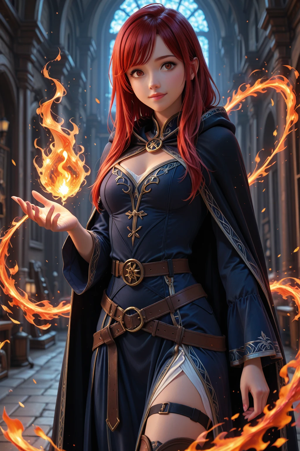 Lia is a young red-haired woman with a striking and intriguing presence.. Her long hair falls in wavy cascades to her waist., shining like copper in the sun. the eyes, a deep, crystalline blue, contrast intensely with your locks, like sapphires shining beneath a cascade of fire.

Your choice of clothing is a true visual spectacle, a unique fusion of medieval elements with futuristic touches. She wears a brown leather corset, detailed with fine, intricate stitching, reminiscent of the costumes of maidens of bygone eras, but with an ergonomic design that suggests high technology. about it, a light blanket of silver metallic fabric reflects the light, providing an ethereal and modern appearance.

The pants are fitted, made from a flexible fabric that adapts perfectly to the body, mixing the robustness of medieval battle attire with the functionality of futuristic clothing. in the hands, fine leather gloves with translucent material inserts that emit a soft bluish light, complete the look and hint at the presence of advanced technology.

Lia is the personification of the balance between the past and the future, a figure that exudes mystery and strength in equal measure, ready to face any challenge with grace and determination.