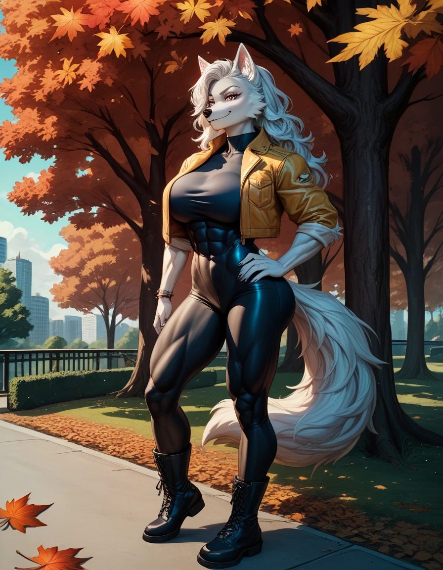 by darkgem, by duase, by BNG, by sligarthetiger, solo, 1girl, sergal, anthro, female, older woman, bodybuilder, muscular, thicc, heavy, (white fur:1.5), (black hair:1.3), (huge hair:1.2), silver streaks in hair, furry body, wide body, wide hips, muscular thighs, thick thighs, big arms, (huge breasts:1.1), (heavy breasts:1.3), nipple outline, highly detailed eyes, milf, latex corset, cleavage, large areolae, latex leggings, bare midriff, knee boots, Masterpiece, best quality, absurd res, highly detailed, cleanly drawn eyes, park environment, cute smile, standing upright, casual posture, buff, hands on hips, tall, amazon,
