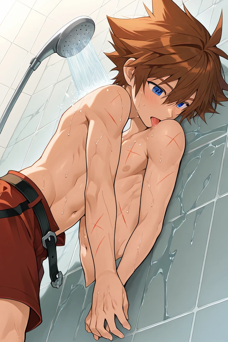 Highres, Masterpiece, Best quality at best,Best Quality,hight quality, hight detailed, Anime style, 1boy, Shota, young boy, shinkai makoto, kimi no na wa, Taki, hair between eyes,brown hair, blue eye, slim body, Shirtless, bare chest, gag harness, Muzzle, gagged, look at viewer, from the front,(Showing armpit:1.3), (very young boy), (very small and short body), simple beckground, cute boy, Uhd, bokeh, sweat