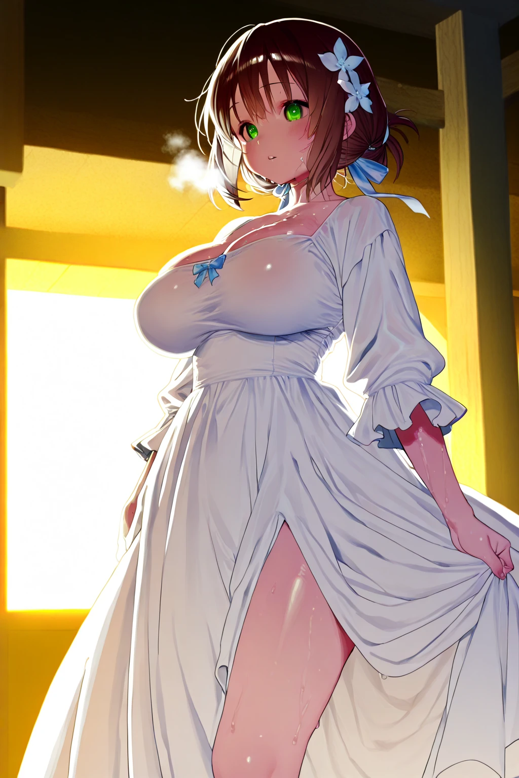 anime, 1girl, solo, yoimiya, flower tattoo, naked, (white apron),medium breasts, cleavage, thighs, cafe background, (blushing:1.3), NSFW