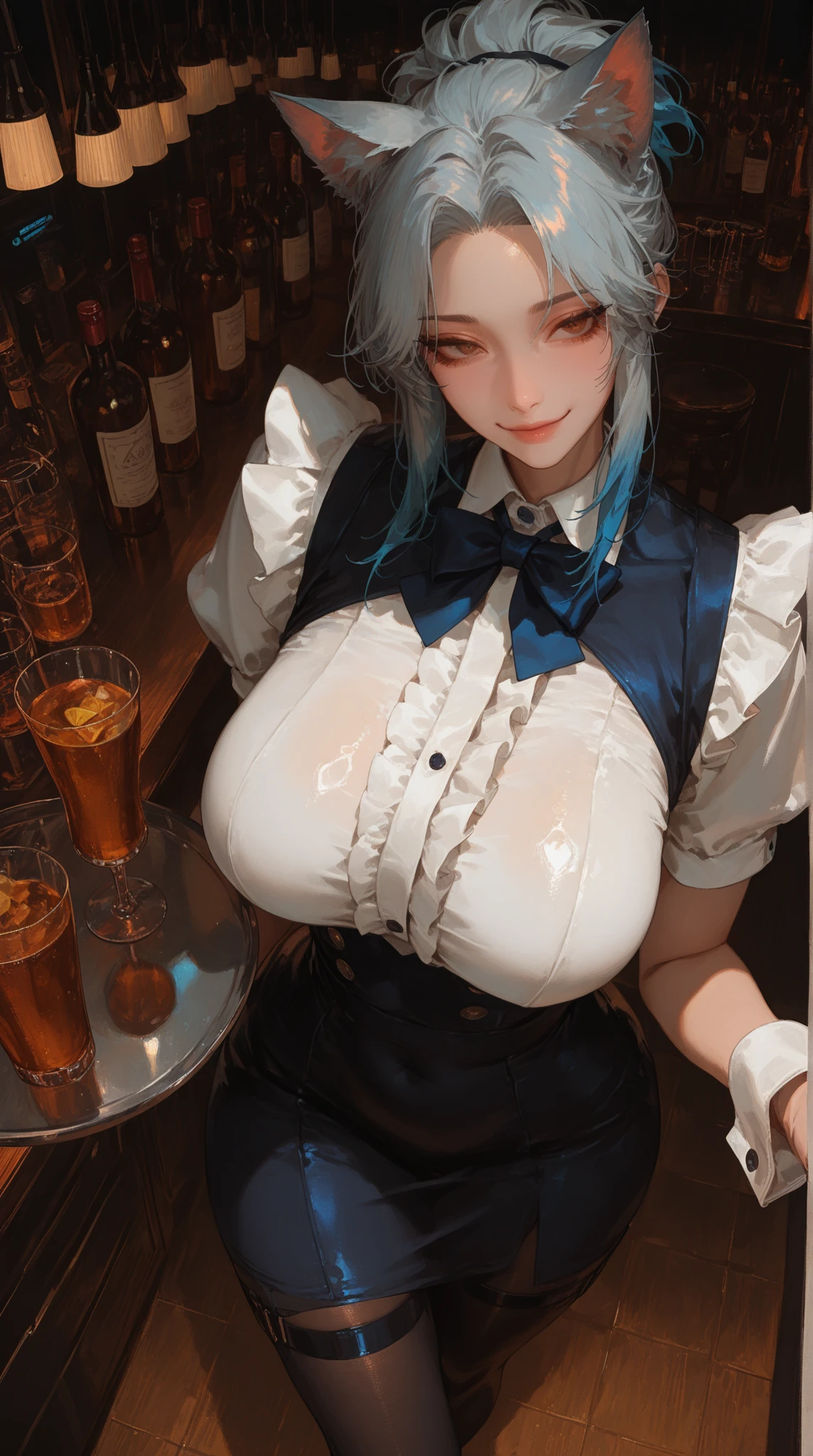 Cocktail Bar, character with rainbow hair , big Boobs, short skirt, tight top, waitress, guests, grin