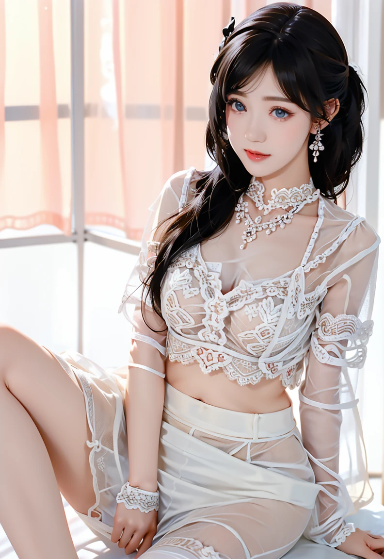ruanyi（quality improvement：1.4），1girl, Full breasts，Visible cleavage，Sexy long legs，The skirt is short，She gently lifted her skirt with one hand,Surrounded by white Phalaenopsis orchids，Lilac dendrobium、White Lily, Flying petals，（Top quality leather), Delicate face,Black Hair, Gradient hair, Body,（Body1.1）, He has a precious gem on his forehead., Shining Student，Long eyelashes,Smile, Surrealism, Movie Lighting, Projection Insertion, Surrealism, Ultra HD, masterpiece，lie，Keep dreaming，Open your legs slightly.，Tattoo，Fantasy Space，Luxurious space，Exquisite makeup，Blush，Shy expression