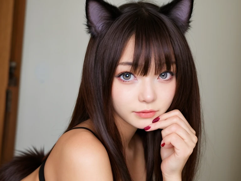 1girl, blue fur, wolf girl, medium breasts, , portrait, simple background, (furry:1.5)
