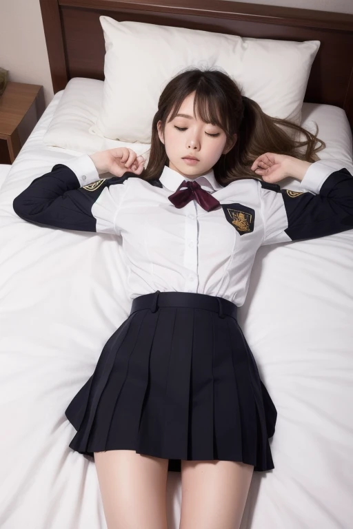 ((highest quality, masterpiece :1.3)), Photorealistic、Ultra-high resolution、Natural skin texture、Hyperrealism、Photograph from the knee up、13 year old beautiful Japanese girl、Twin tails、Large breasts、White collared shirt and tie、Ultra mini skirt、Angry expression、Lying in bed