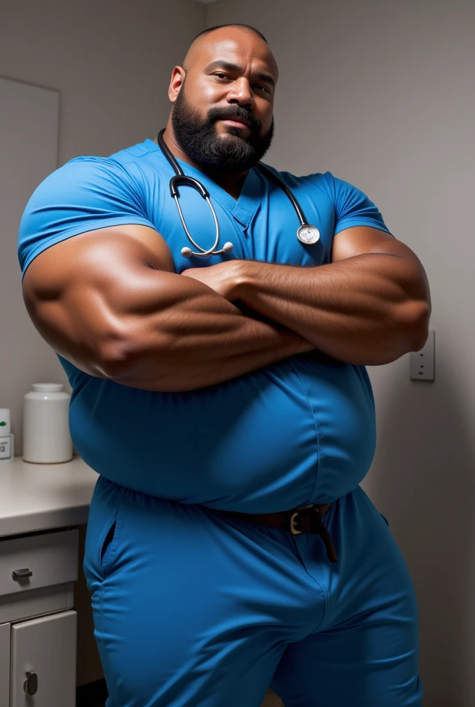 Female doctor examining the groin of a strong, hairy, bearded man wearing only underwear with the Nicaraguan flag on it, written MOCANO on the waist.