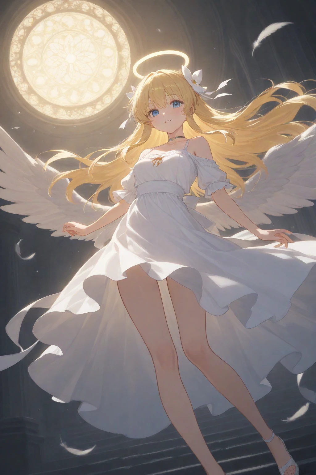 obra maestra, (Mejor calidad:1.2), [:detalles intrincados:0.2], 1 chica, pechos grandes, angel, angel wings, volantes blancos, (cielo diurno), Aura brillante, intense concentration, crackling energy, mysterious symbols, motas brillantes,