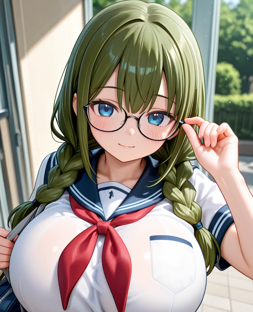 (8k, masterpiece, Best Quality, ultra-detailed, Professional lighting, beautiful detailed faces, bright colors) a beautiful chubby mature woman with big breasts, thicc, lingerie, happy face, lust, long green hair tied in a braid, oppai, oppai proportions, golden eyes, wearing glasses, lying down on her back near a lake, whole body visible
