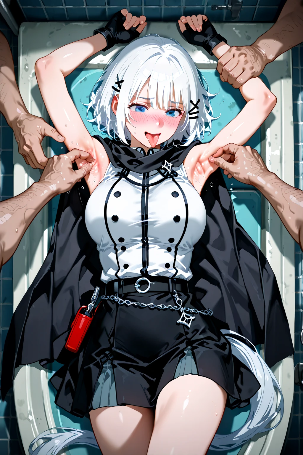girl, pasties, micro pelvic curtain, groin,((flat chest)),slender,long hair,(loli),white hair,(((helmet))), prison, collar, handcuffs, stand,open legs